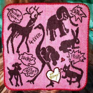 Vintage Betsey Johnson Pink Velvet Zoo Lovers Cat Ostrich Tattoo Washcloth Towel